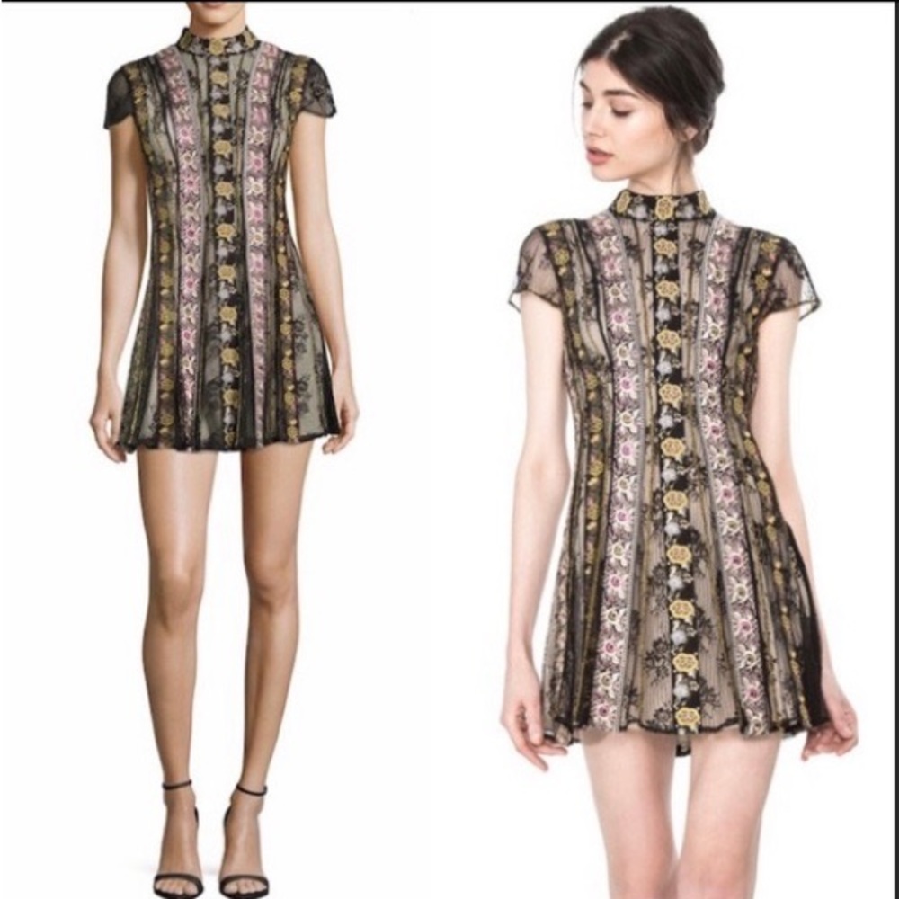 Alice + Olivia Gwyneth Embroidered High Neck Short Sleeve Flare Dress